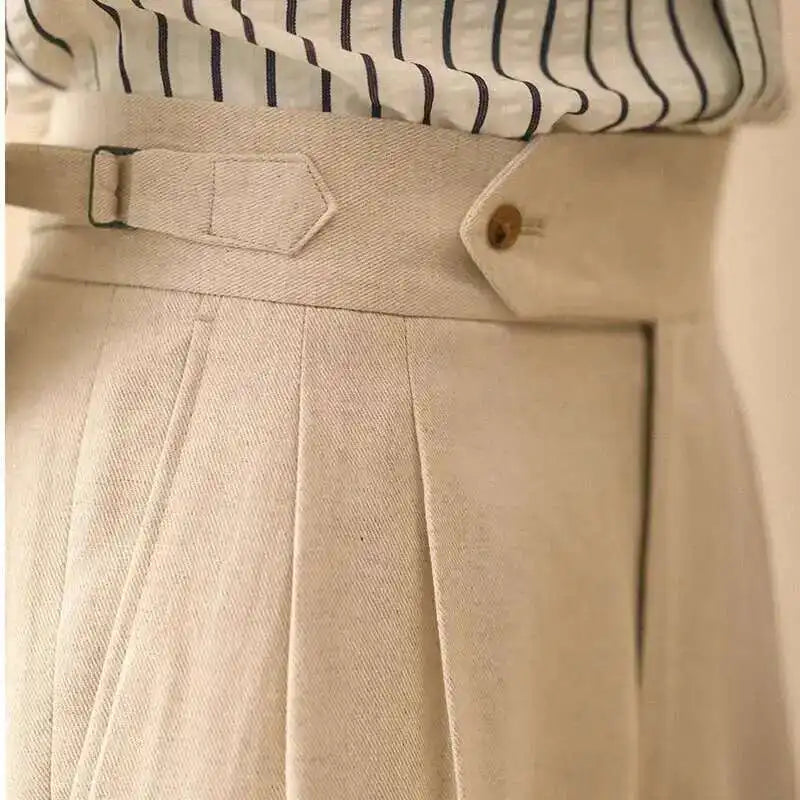 Naples Linen Business Trousers: Paris Buckle Drape.